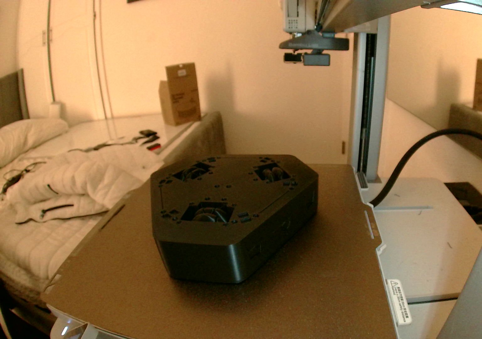 Full-size 3D print of the V2 shell on the printer bed