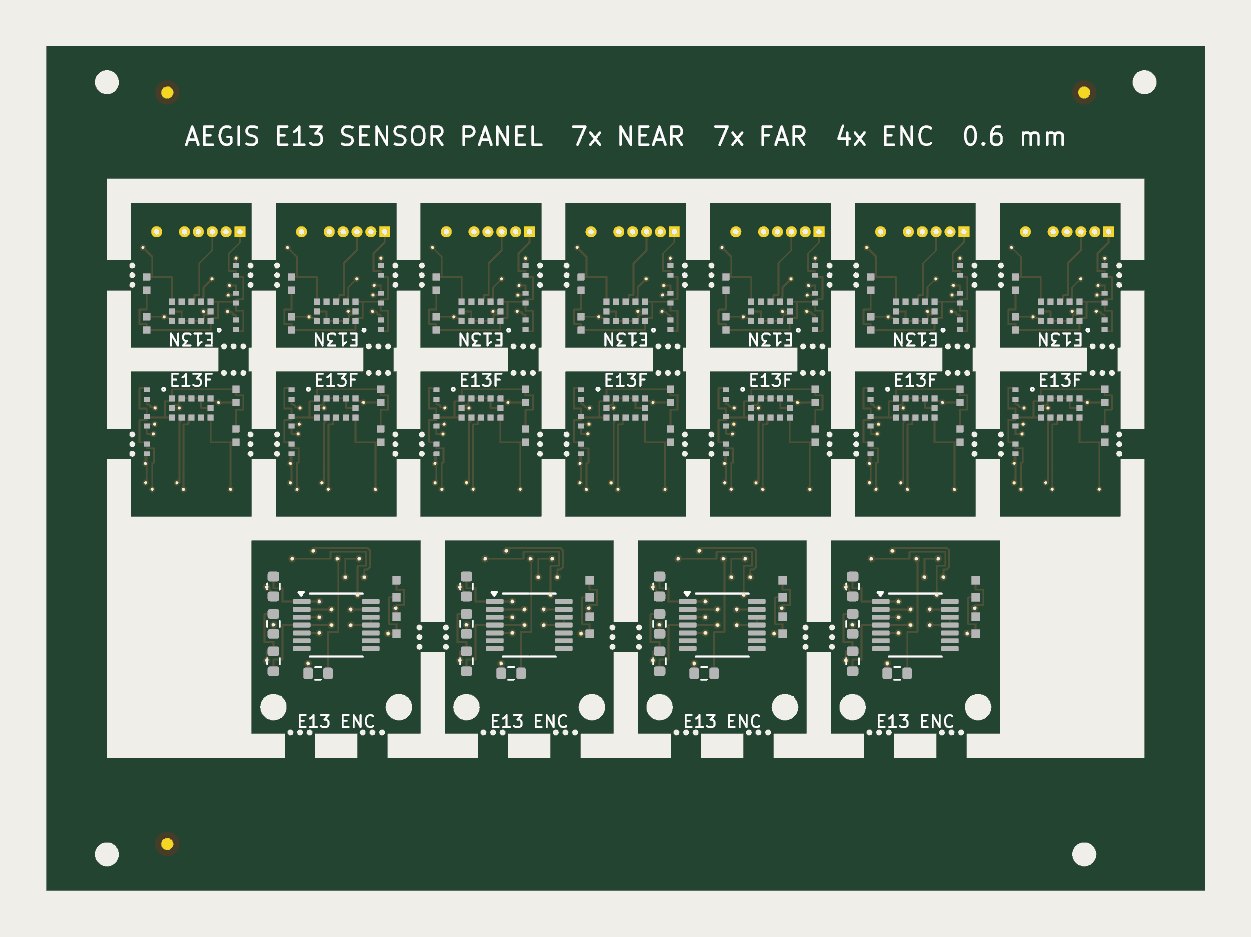 KiCad render of the E13 sensor PCB panel: 7 near sensors, 7 far sensors, 4 encoder boards